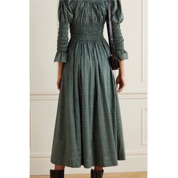 DOEN Kaira Midi Dress Printed Smocked Ruffle Evergreen Puff Sleeve S New - Picture 10 of 11